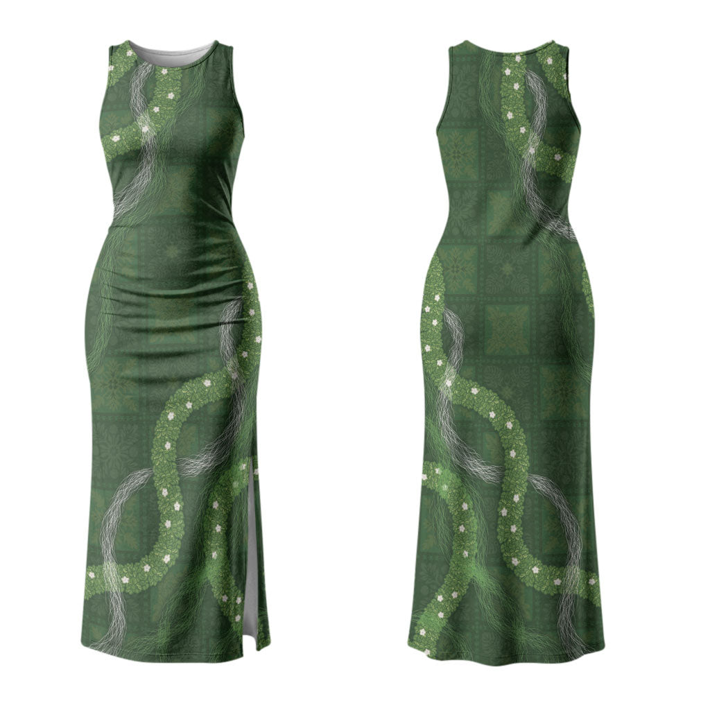 Hawaiian Quilt Couples Matching Tank Maxi Dress and Long Sleeve Button Shirt Pele Hair Hinahina Lei Green Version LT05 - Polynesian Pride