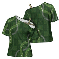 Hawaiian Quilt Cross Shoulder Shirt Pele Hair Hinahina Lei Green Version