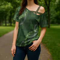 Hawaiian Quilt Cross Shoulder Shirt Pele Hair Hinahina Lei Green Version