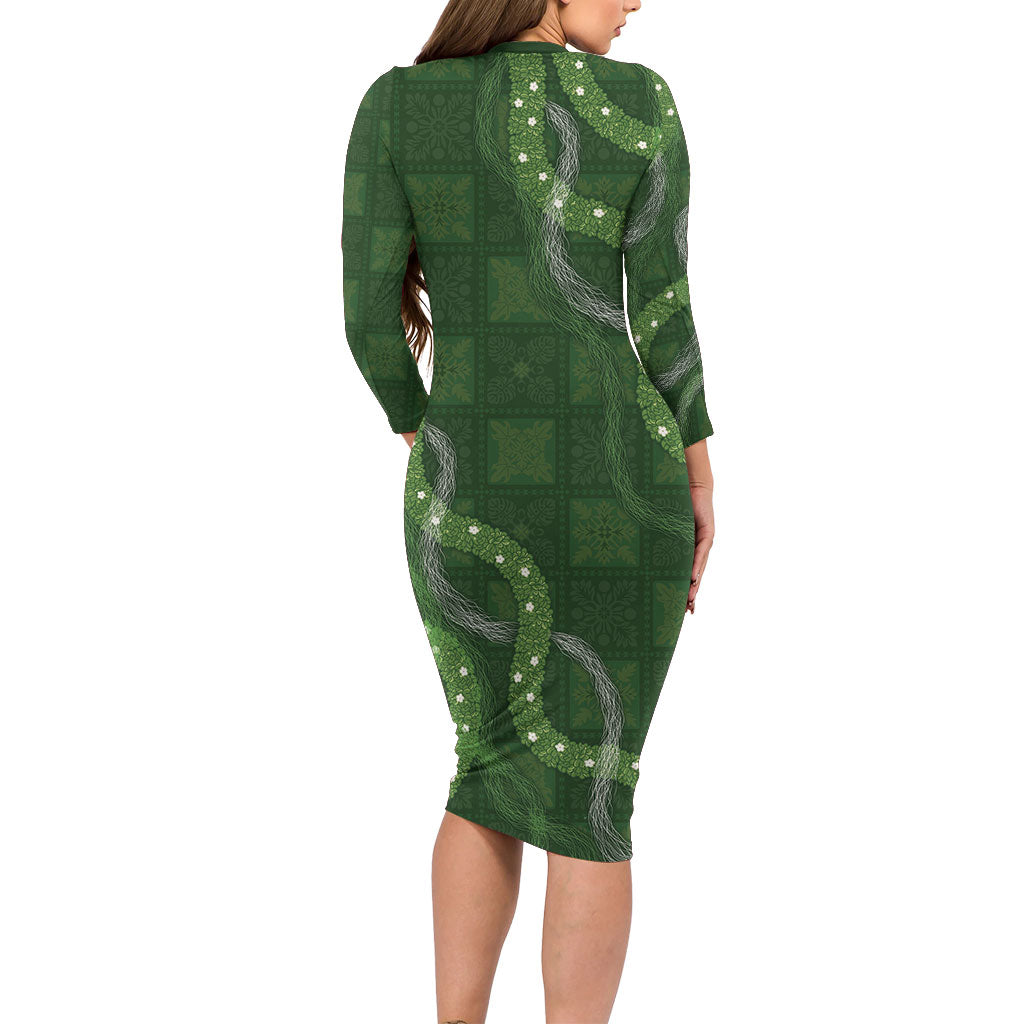Hawaiian Quilt Family Matching Long Sleeve Bodycon Dress and Hawaiian Shirt Pele Hair Hinahina Lei Green Version LT05 - Polynesian Pride