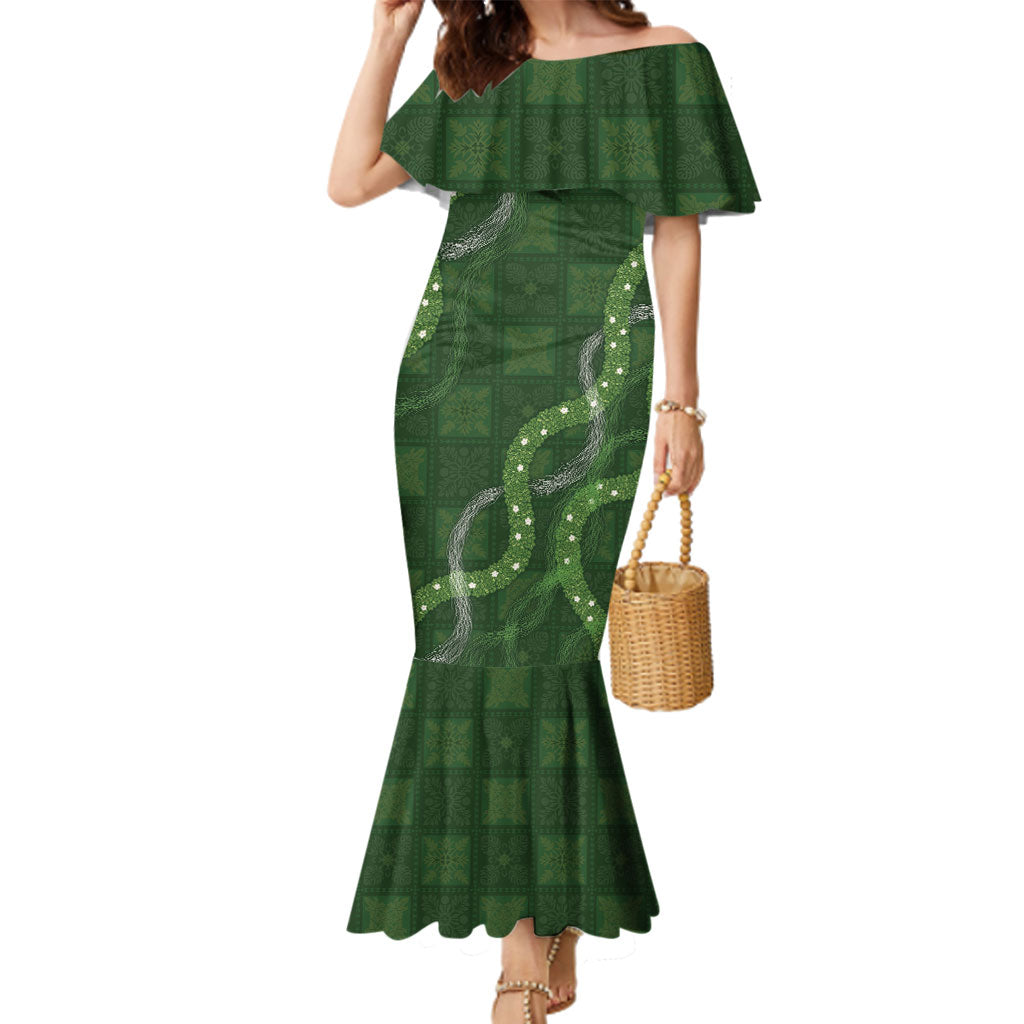 Hawaiian Quilt Family Matching Mermaid Dress and Hawaiian Shirt Pele Hair Hinahina Lei Green Version LT05 Mom's Dress Green - Polynesian Pride
