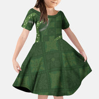 Hawaiian Quilt Family Matching Off The Shoulder Long Sleeve Dress and Hawaiian Shirt Pele Hair Hinahina Lei Green Version LT05 Daughter's Dress Green - Polynesian Pride