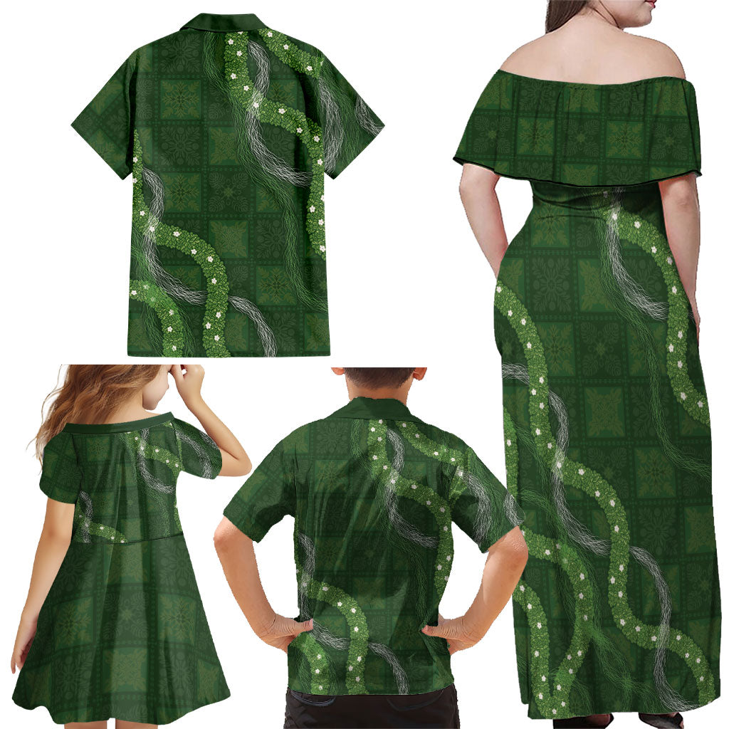 Hawaiian Quilt Family Matching Off Shoulder Maxi Dress and Hawaiian Shirt Pele Hair Hinahina Lei Green Version LT05 - Polynesian Pride