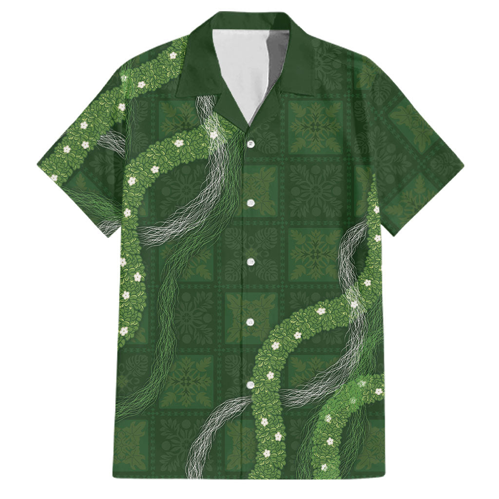 Hawaiian Quilt Family Matching Off Shoulder Maxi Dress and Hawaiian Shirt Pele Hair Hinahina Lei Green Version LT05 Dad's Shirt - Short Sleeve Green - Polynesian Pride