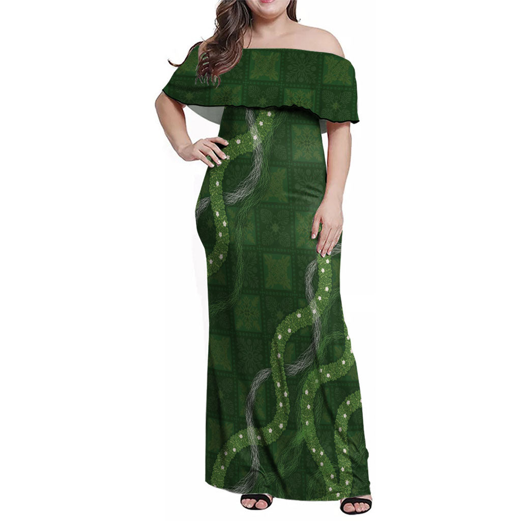 Hawaiian Quilt Family Matching Off Shoulder Maxi Dress and Hawaiian Shirt Pele Hair Hinahina Lei Green Version LT05 Mom's Dress Green - Polynesian Pride