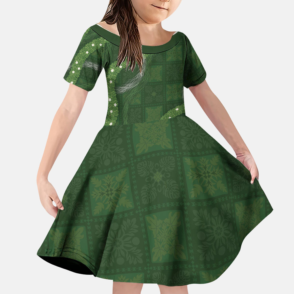 Hawaiian Quilt Family Matching Off Shoulder Short Dress and Hawaiian Shirt Pele Hair Hinahina Lei Green Version LT05 Daughter's Dress Green - Polynesian Pride
