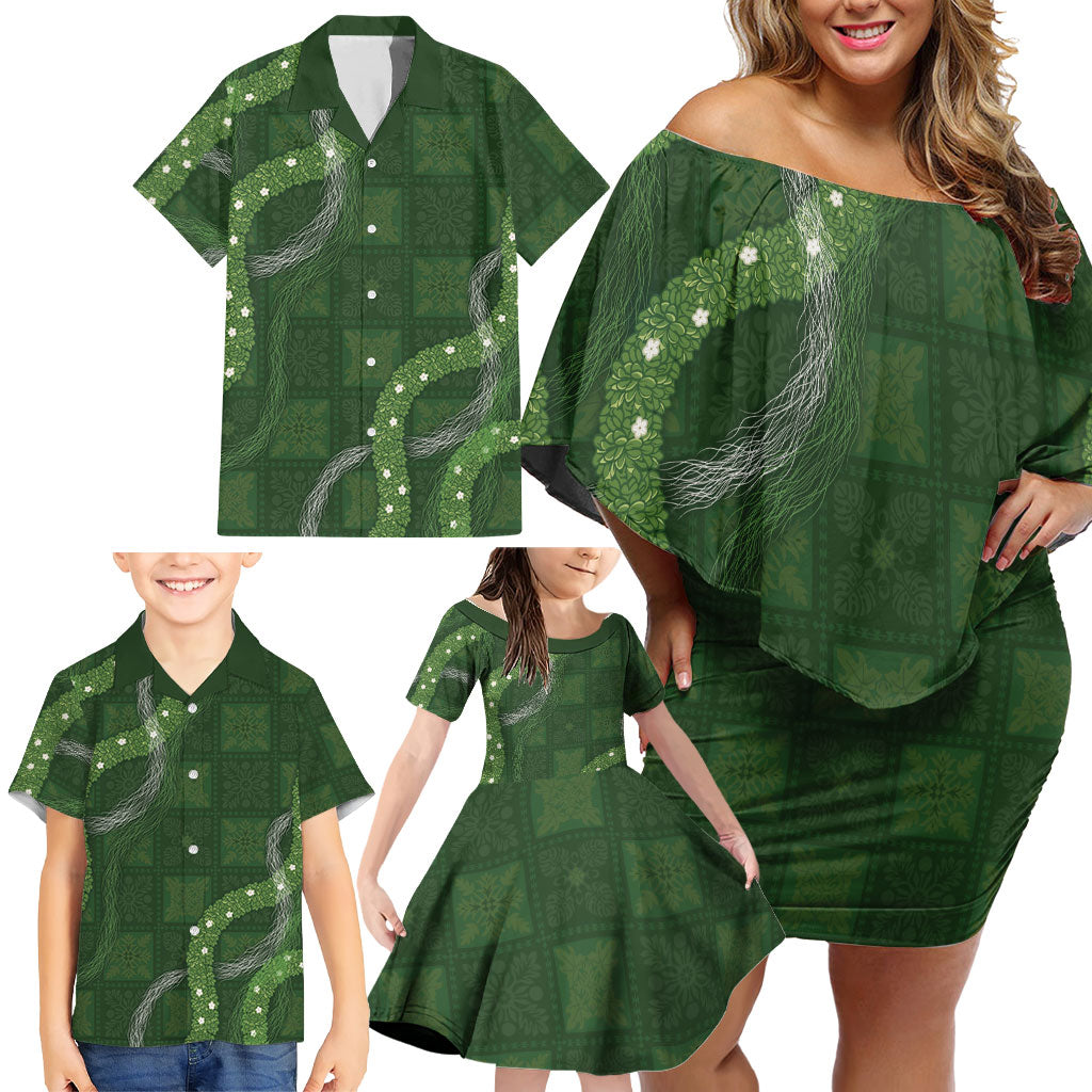 Hawaiian Quilt Family Matching Off Shoulder Short Dress and Hawaiian Shirt Pele Hair Hinahina Lei Green Version LT05 - Polynesian Pride