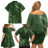Hawaiian Quilt Family Matching Off Shoulder Short Dress and Hawaiian Shirt Pele Hair Hinahina Lei Green Version LT05 - Polynesian Pride