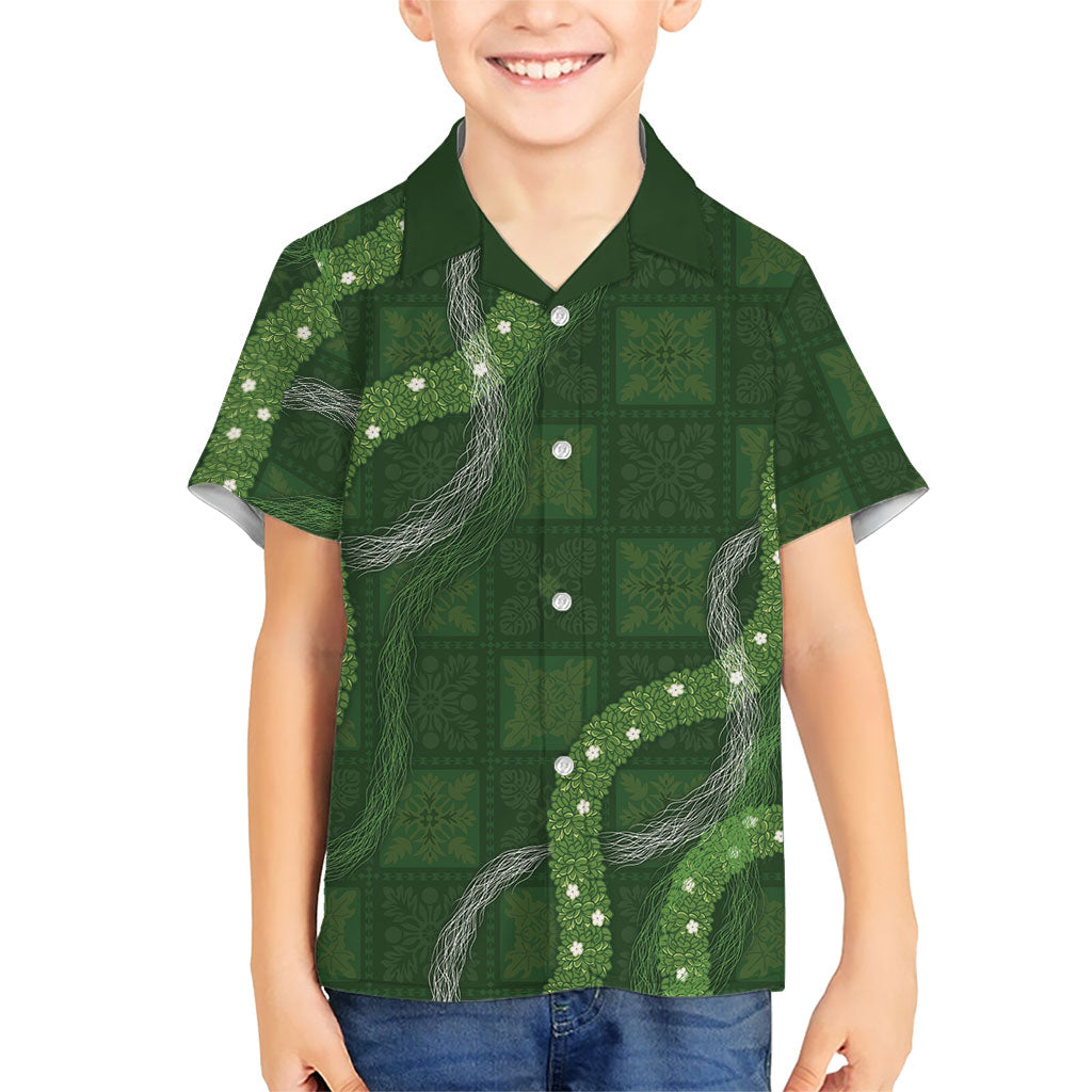 Hawaiian Quilt Family Matching Off Shoulder Short Dress and Hawaiian Shirt Pele Hair Hinahina Lei Green Version LT05 Son's Shirt Green - Polynesian Pride