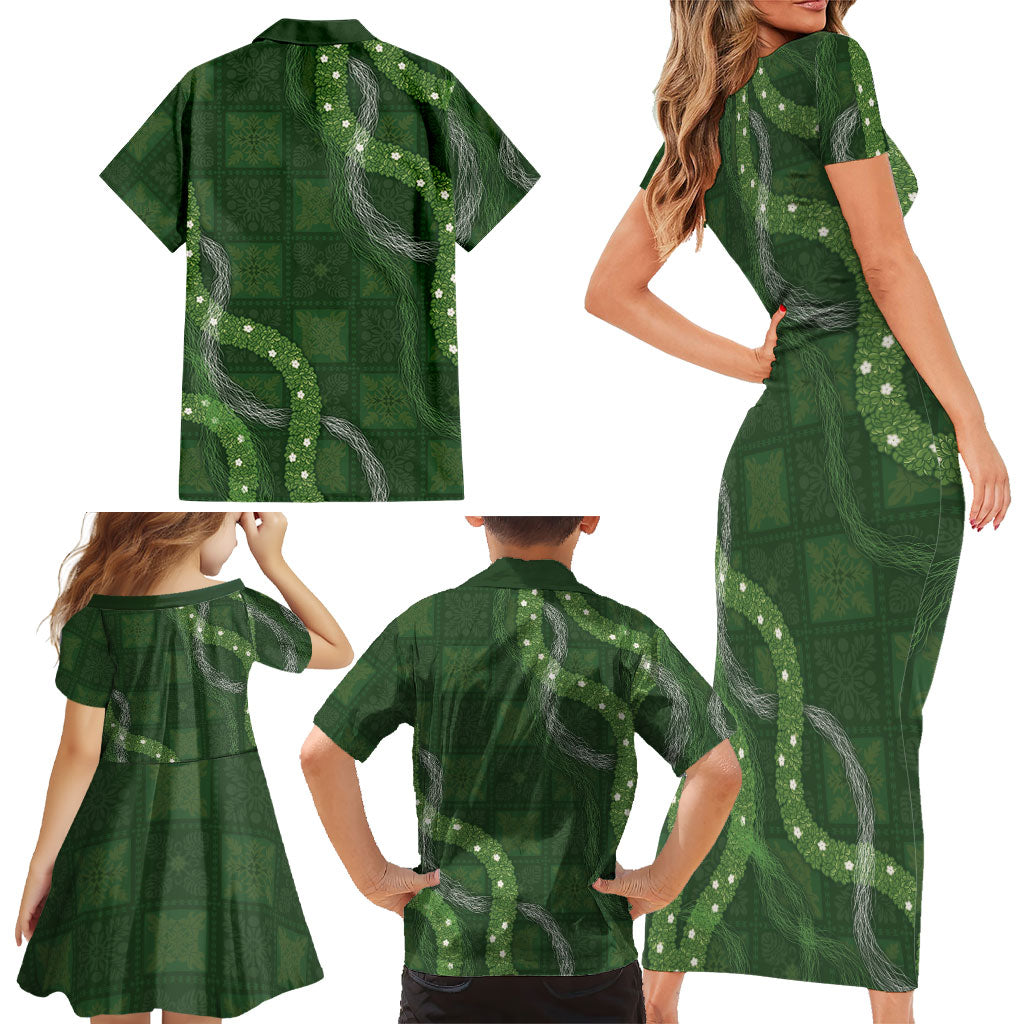 Hawaiian Quilt Family Matching Short Sleeve Bodycon Dress and Hawaiian Shirt Pele Hair Hinahina Lei Green Version LT05 - Polynesian Pride