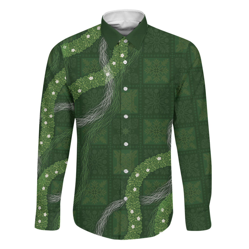 Hawaiian Quilt Family Matching Summer Maxi Dress and Hawaiian Shirt Pele Hair Hinahina Lei Green Version LT05 Dad's Shirt - Long Sleeve Green - Polynesian Pride