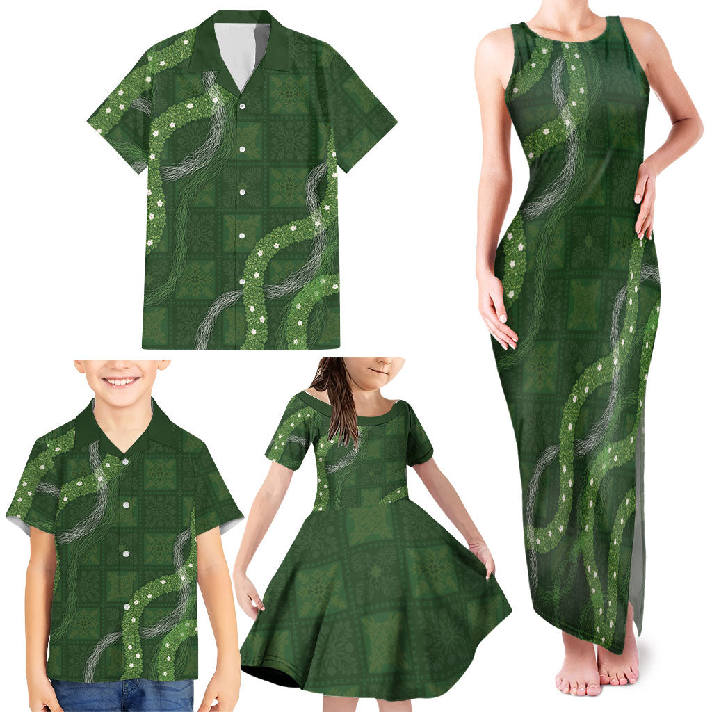 Hawaiian Quilt Family Matching Tank Maxi Dress and Hawaiian Shirt Pele Hair Hinahina Lei Green Version LT05 - Polynesian Pride