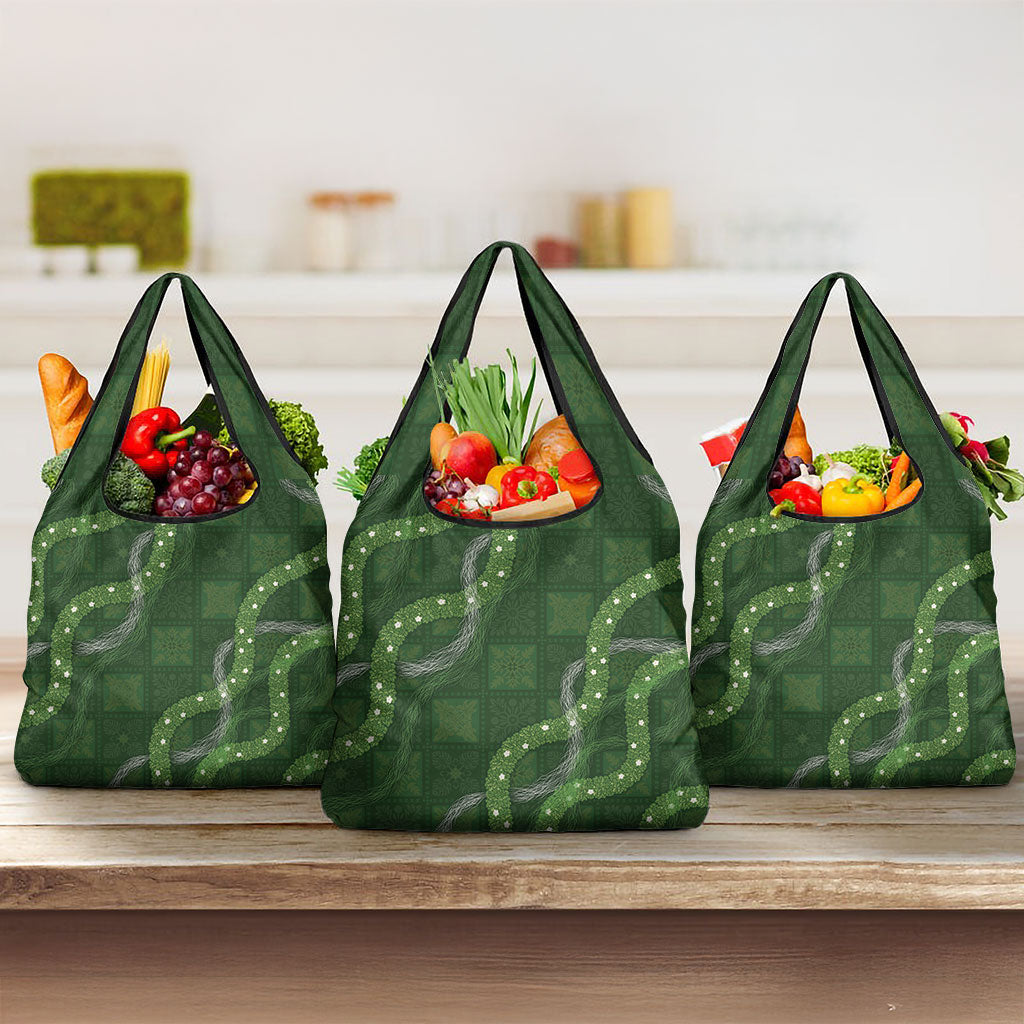 Hawaiian Quilt Grocery Bag Pele Hair Hinahina Lei Green Version LT05 3-pack One Size Green - Polynesian Pride