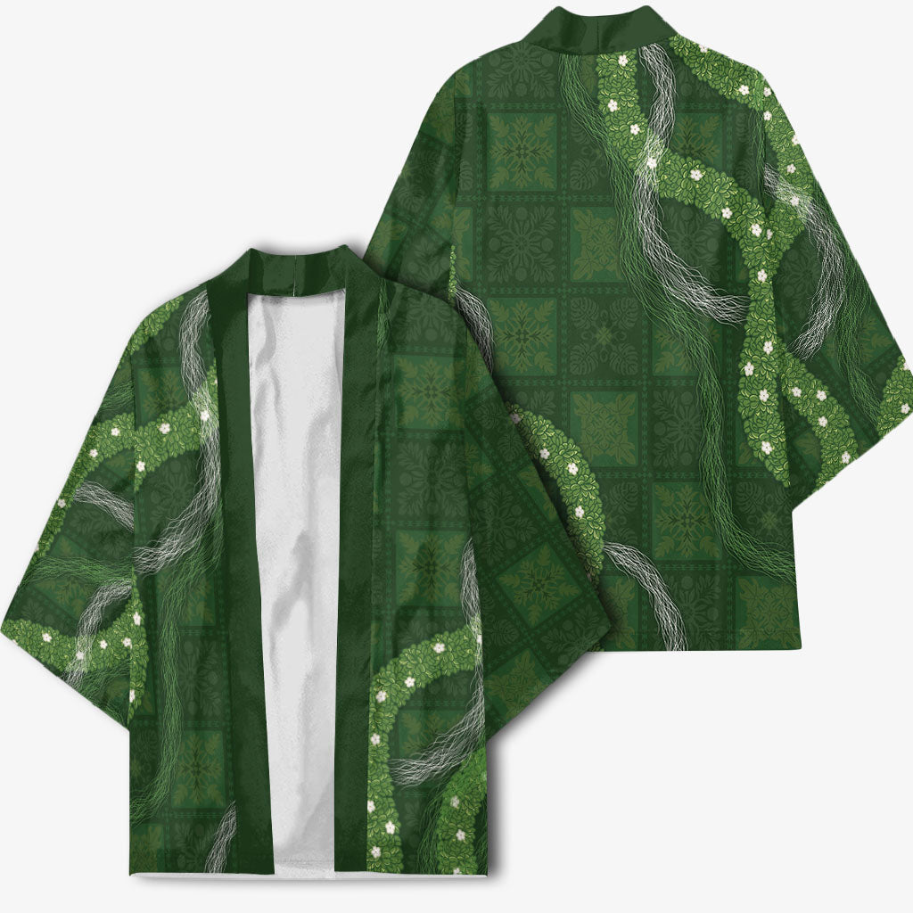 Hawaiian Quilt Kimono Pele Hair Hinahina Lei Green Version