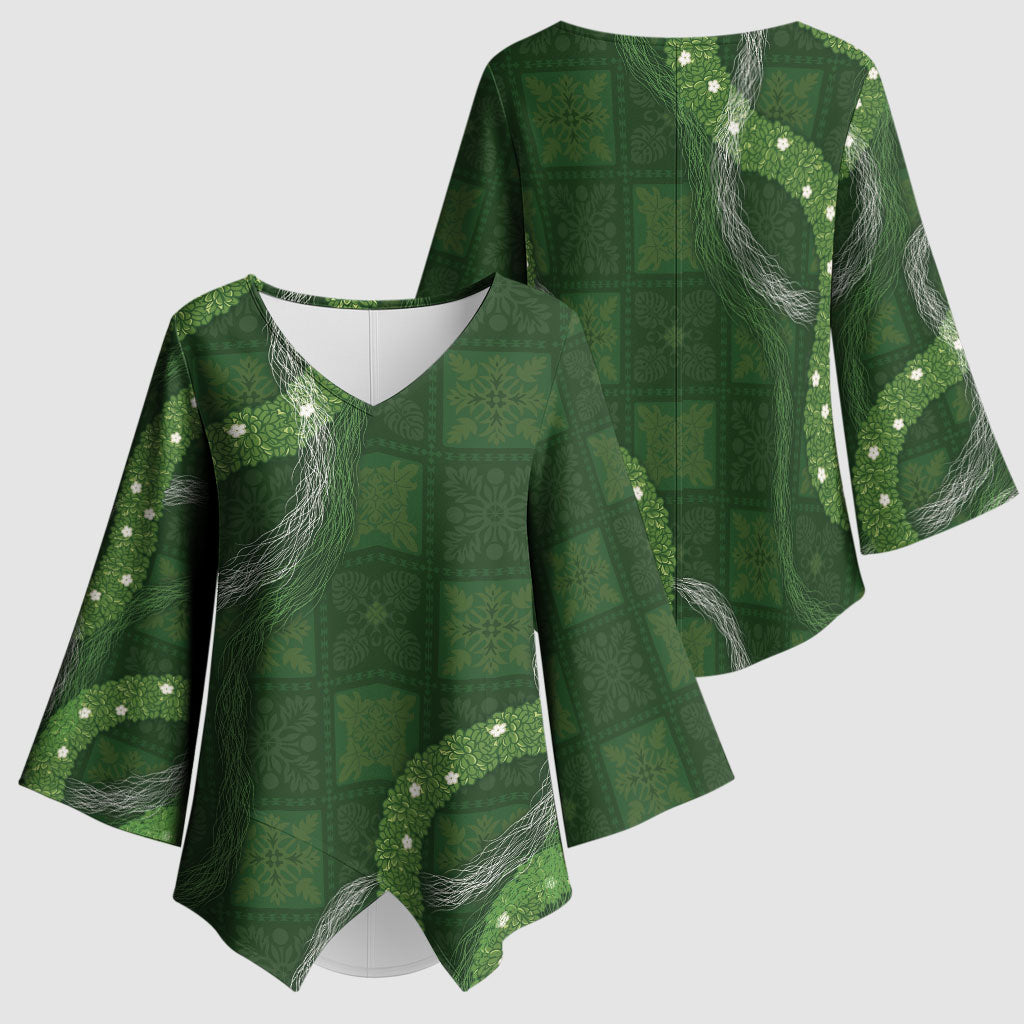 Hawaiian Quilt Kimono Sleeve Blouse Pele Hair Hinahina Lei Green Version