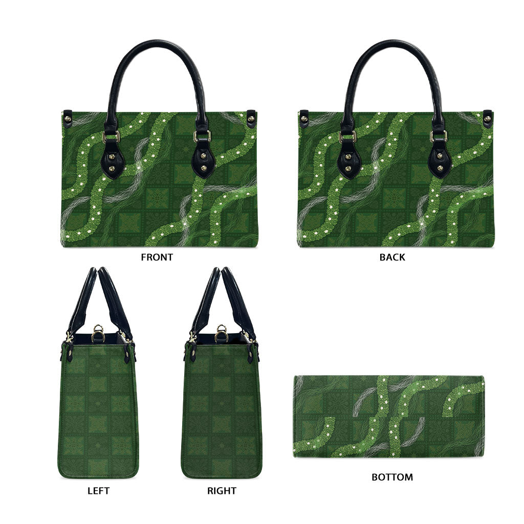 Hawaiian Quilt Leather Bag Pele Hair Hinahina Lei Green Version