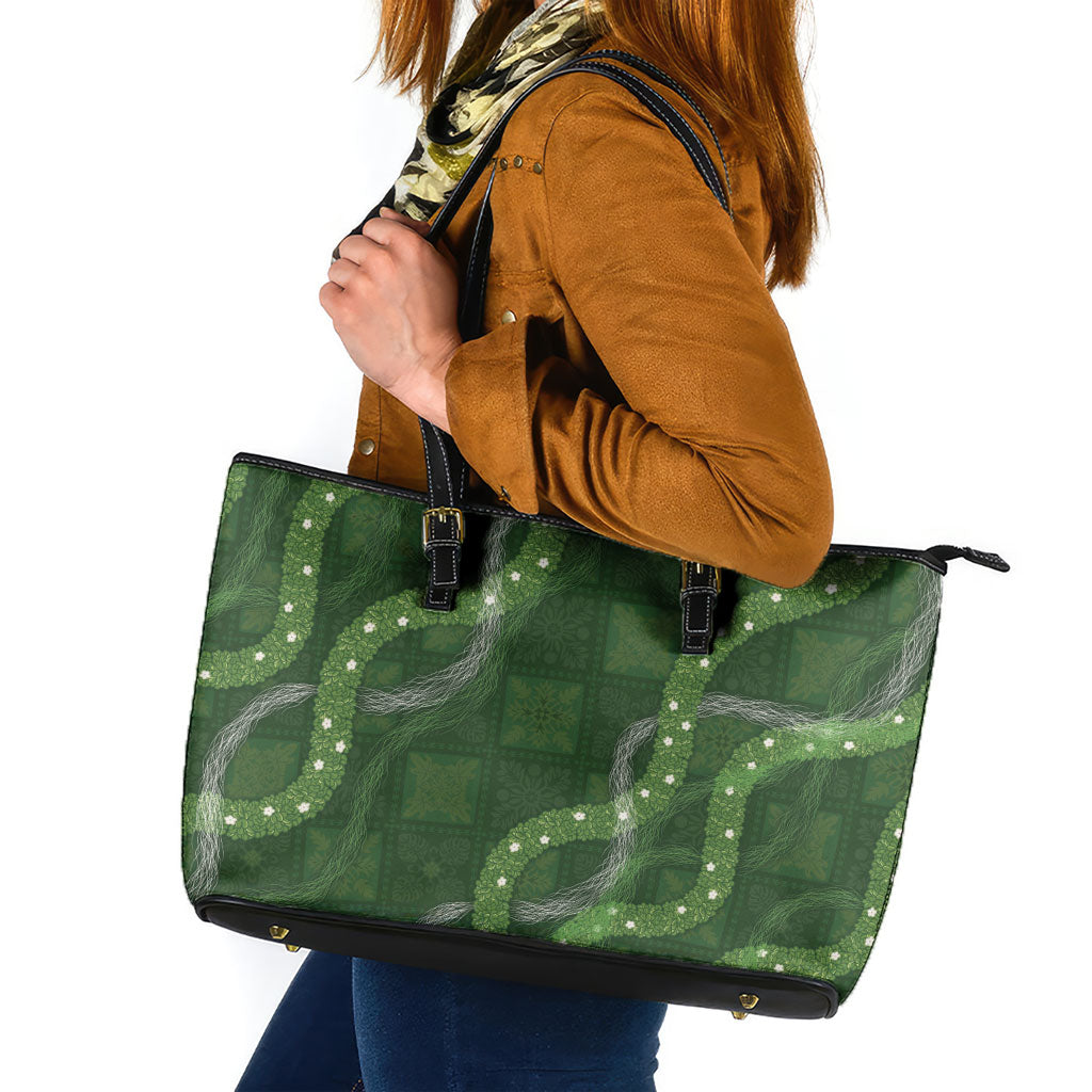 Hawaiian Quilt Leather Tote Bag Pele Hair Hinahina Lei Green Version