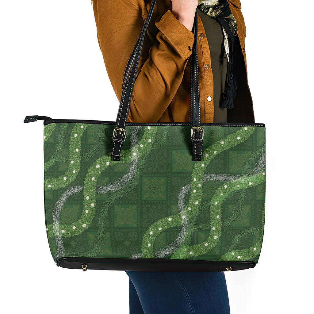 Hawaiian Quilt Leather Tote Bag Pele Hair Hinahina Lei Green Version