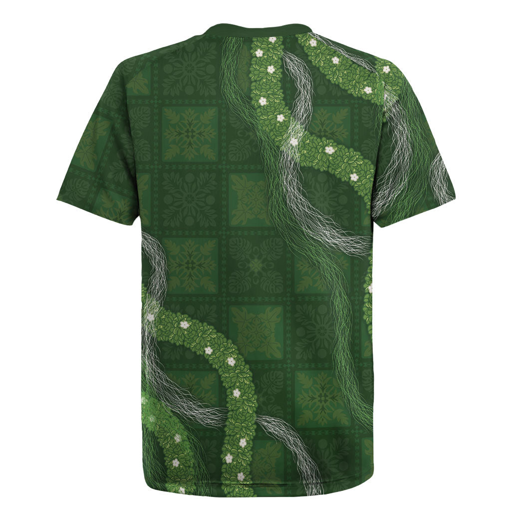 Hawaiian Quilt Rugby Jersey Pele Hair Hinahina Lei Green Version