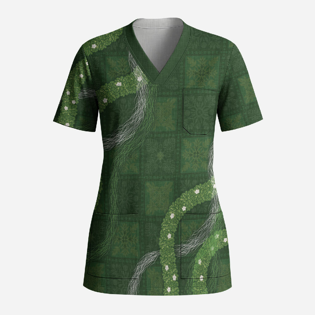Hawaiian Quilt Scrub Top Pele Hair Hinahina Lei Green Version