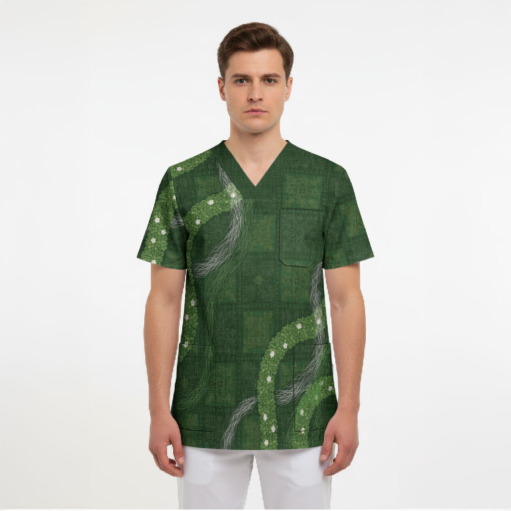 Hawaiian Quilt Scrub Top Pele Hair Hinahina Lei Green Version