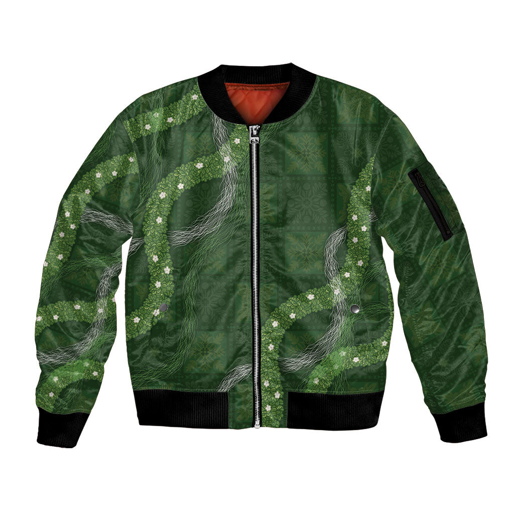 Hawaiian Quilt Sleeve Zip Bomber Jacket Pele Hair Hinahina Lei Green Version