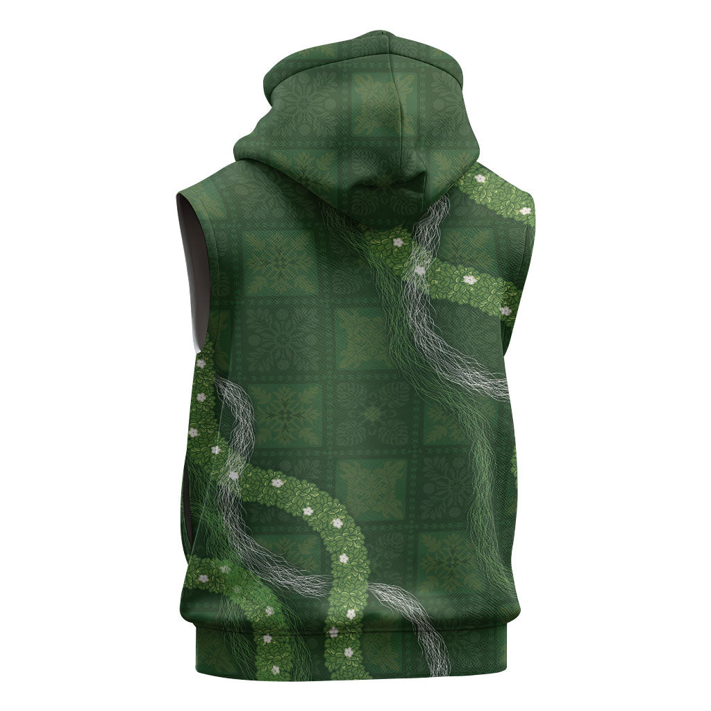 Hawaiian Quilt Sleeveless Hoodie Pele Hair Hinahina Lei Green Version