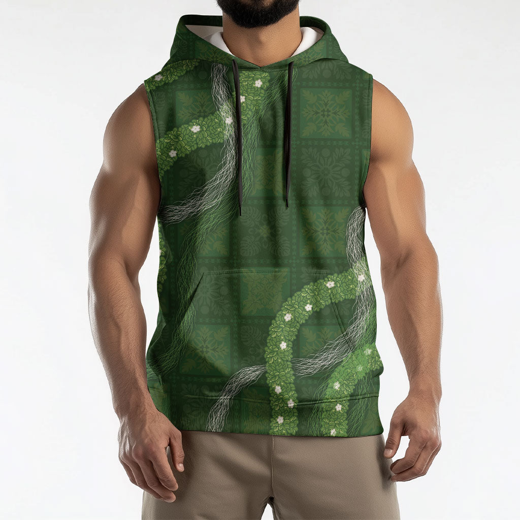 Hawaiian Quilt Sleeveless Hoodie Pele Hair Hinahina Lei Green Version