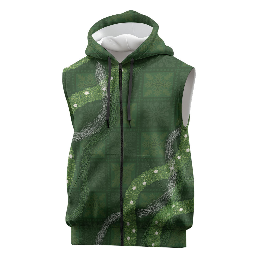 Hawaiian Quilt Sleeveless Zip Hoodie Pele Hair Hinahina Lei Green Version