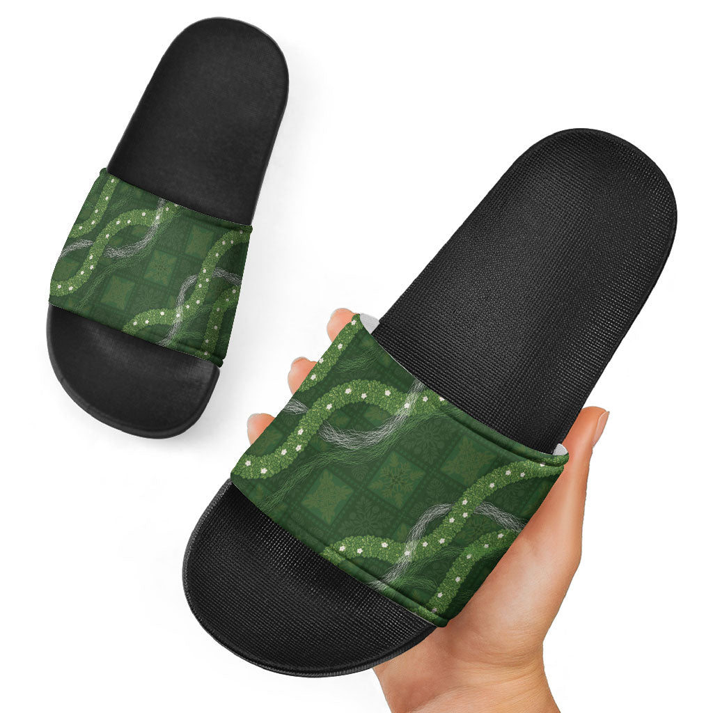 Hawaiian Quilt Slide Sandals Pele Hair Hinahina Lei Green Version
