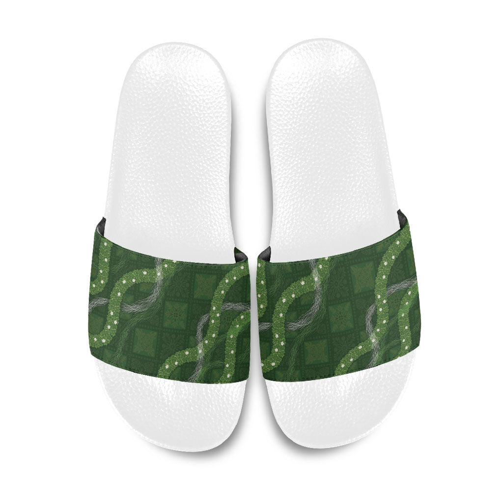 Hawaiian Quilt Slide Sandals Pele Hair Hinahina Lei Green Version