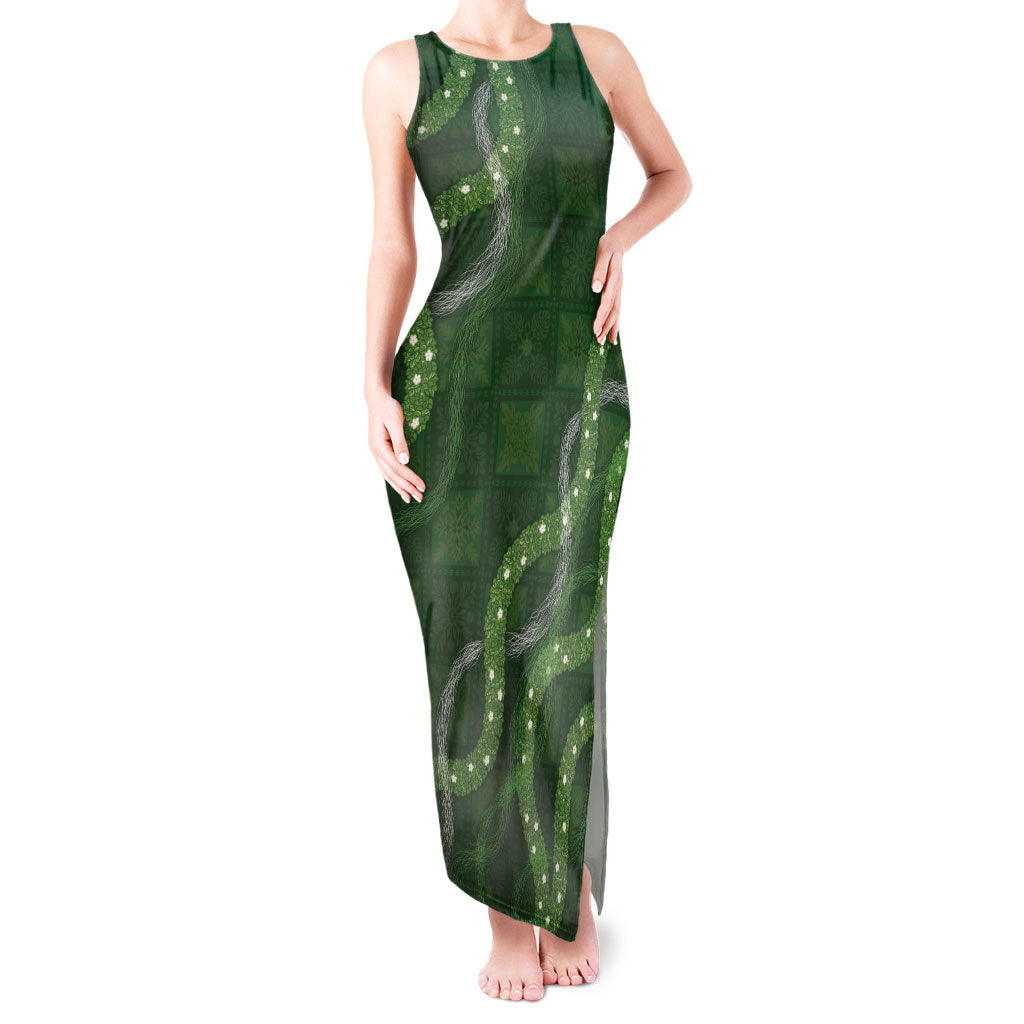 Hawaiian Quilt Tank Maxi Dress Pele Hair Hinahina Lei Green Version