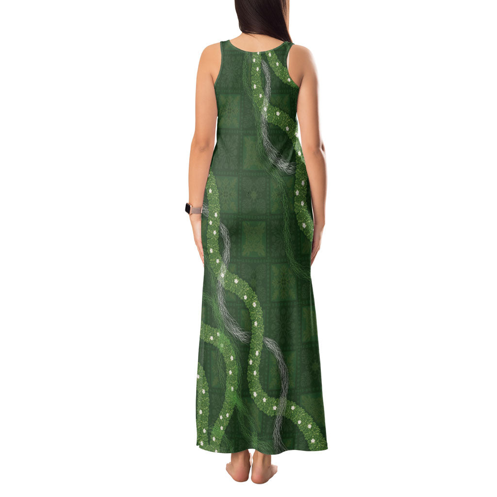 Hawaiian Quilt Tank Maxi Dress Pele Hair Hinahina Lei Green Version