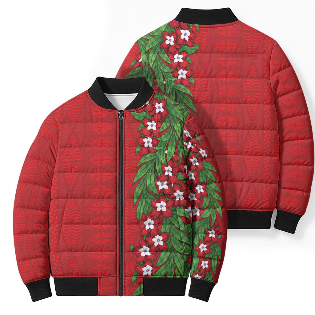 Tonga Language Week Bomber Puffer Jacket Heilala Floral Red