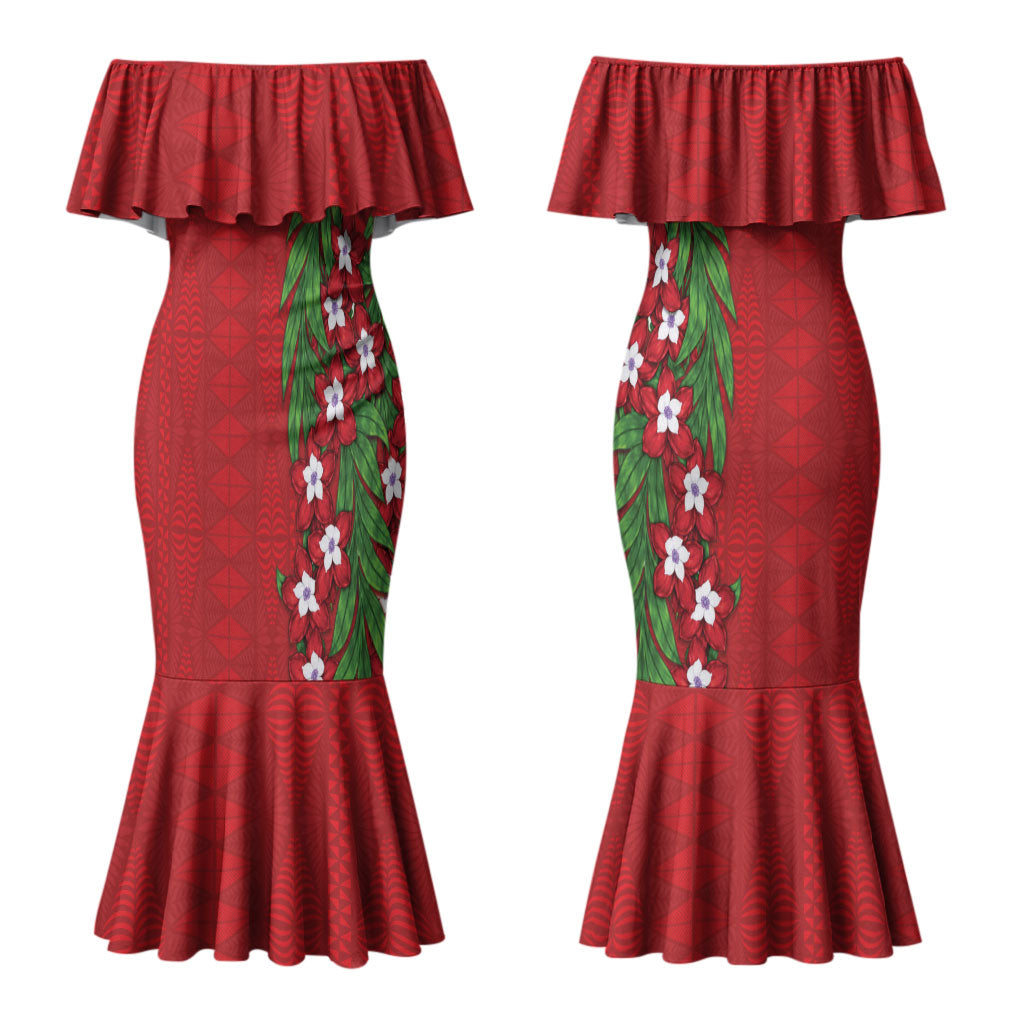 Tonga Language Week Couples Matching Mermaid Dress and Hawaiian Shirt Heilala Floral Red