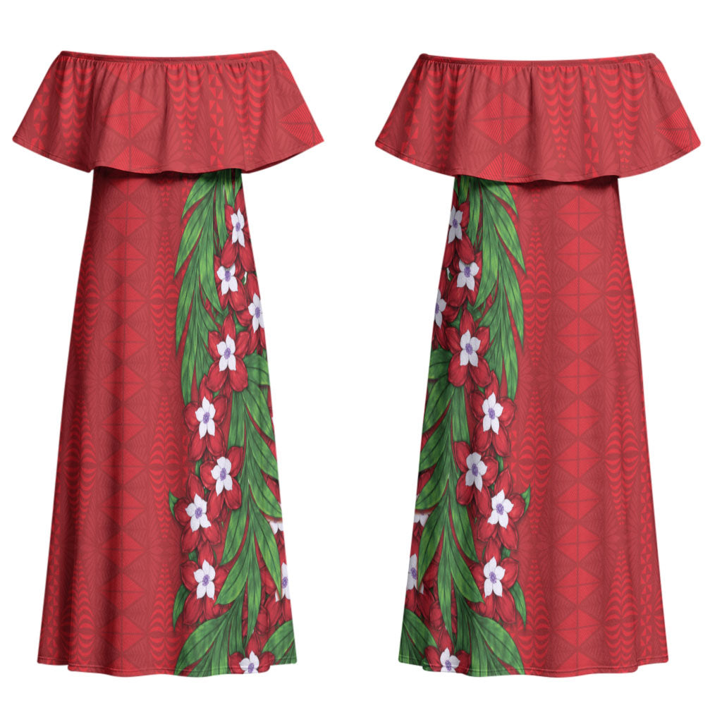 Tonga Language Week Couples Matching Off Shoulder Maxi Dress and Long Sleeve Button Shirt Heilala Floral Red