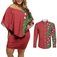Tonga Language Week Couples Matching Off Shoulder Short Dress and Long Sleeve Button Shirt Heilala Floral Red