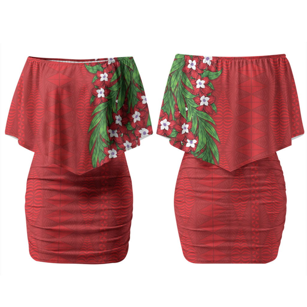Tonga Language Week Couples Matching Off Shoulder Short Dress and Long Sleeve Button Shirt Heilala Floral Red