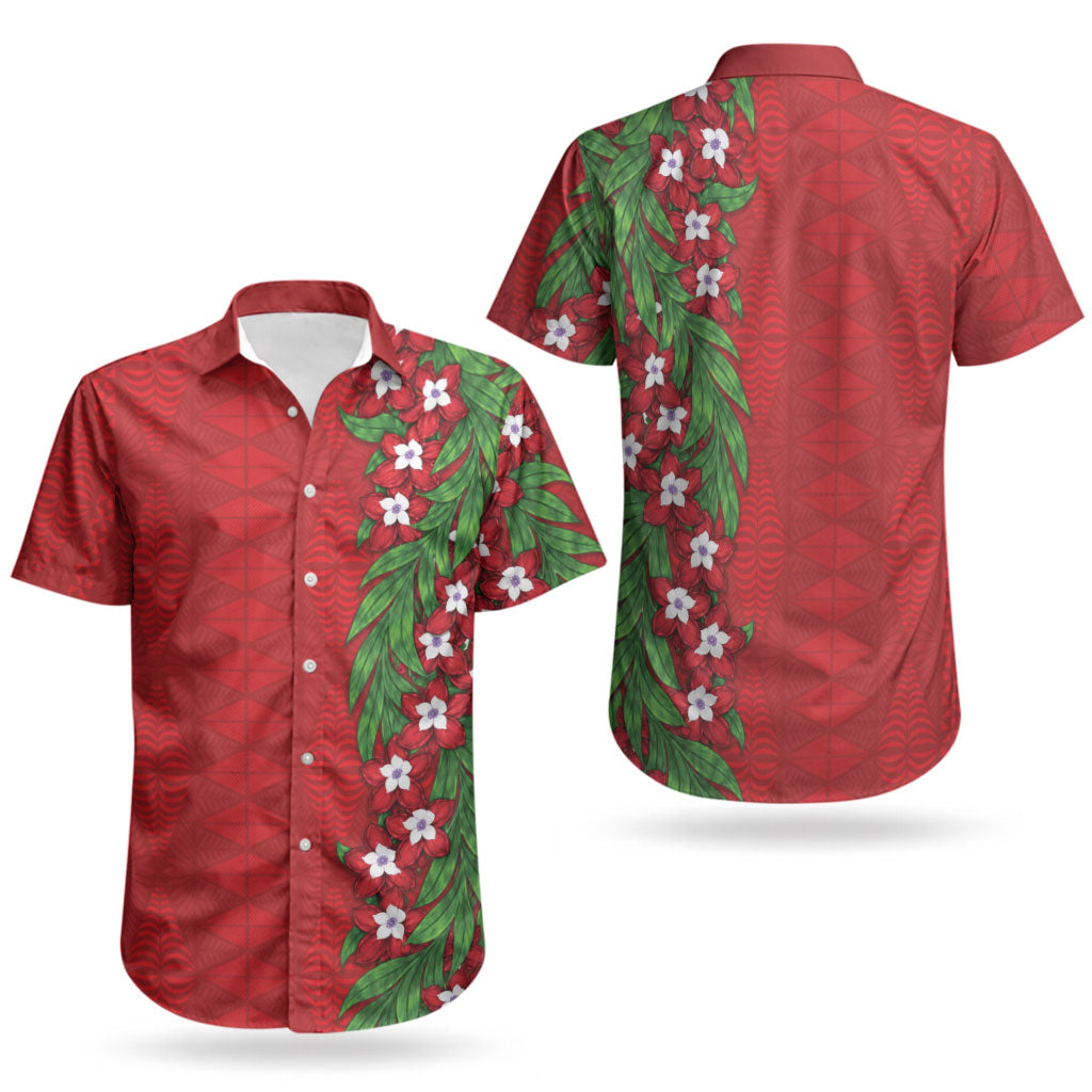Tonga Language Week Couples Matching Off The Shoulder Long Sleeve Dress and Hawaiian Shirt Heilala Floral Red