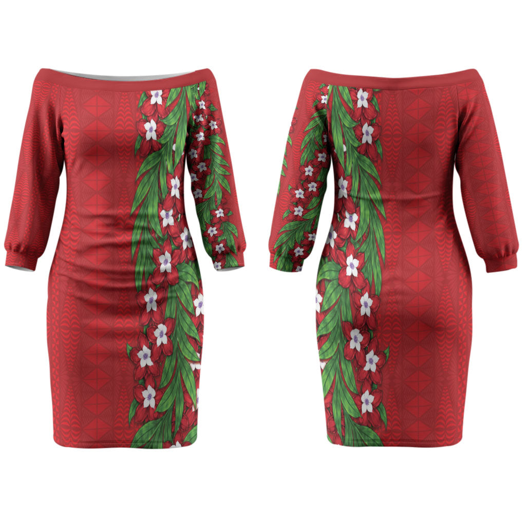 Tonga Language Week Couples Matching Off The Shoulder Long Sleeve Dress and Hawaiian Shirt Heilala Floral Red