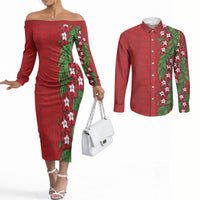 Tonga Language Week Couples Matching Off The Shoulder Long Sleeve Dress and Long Sleeve Button Shirt Heilala Floral Red