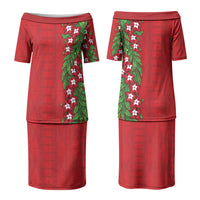 Tonga Language Week Couples Matching Puletasi and Long Sleeve Button Shirt Heilala Floral Red