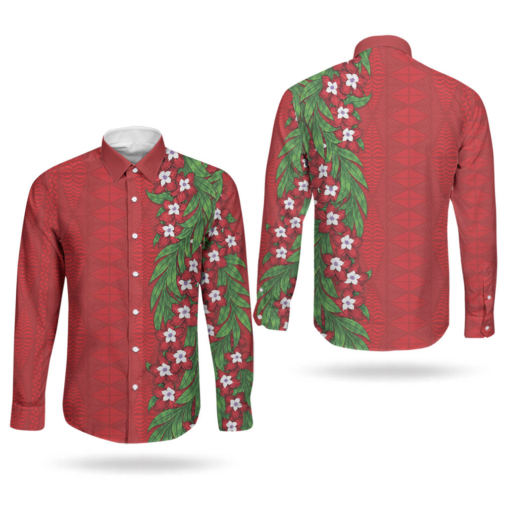 Tonga Language Week Couples Matching Short Sleeve Bodycon Dress and Long Sleeve Button Shirt Heilala Floral Red