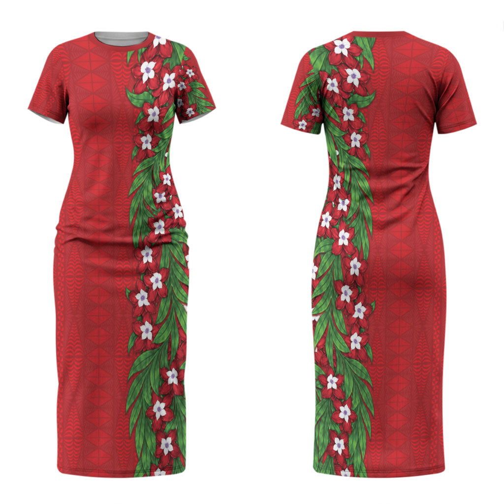Tonga Language Week Couples Matching Short Sleeve Bodycon Dress and Long Sleeve Button Shirt Heilala Floral Red