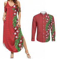 Tonga Language Week Couples Matching Summer Maxi Dress and Long Sleeve Button Shirt Heilala Floral Red