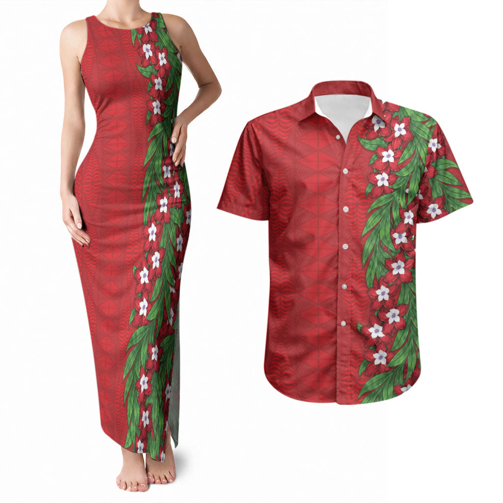 Tonga Language Week Couples Matching Tank Maxi Dress and Hawaiian Shirt Heilala Floral Red