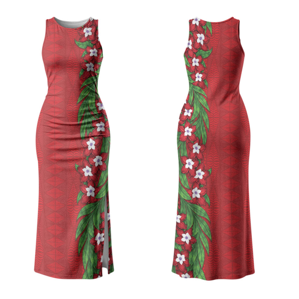 Tonga Language Week Couples Matching Tank Maxi Dress and Long Sleeve Button Shirt Heilala Floral Red