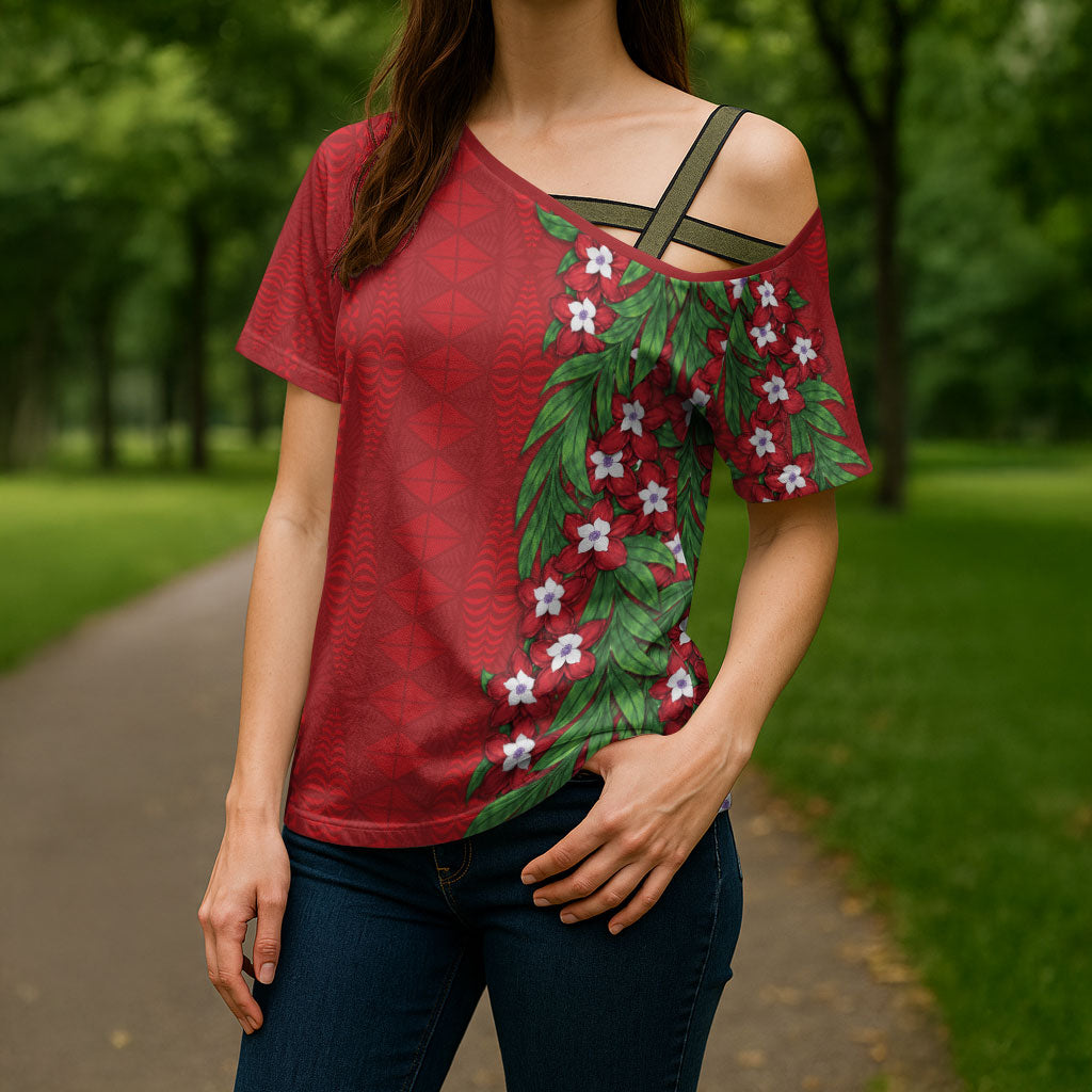Tonga Language Week Cross Shoulder Shirt Heilala Floral Red