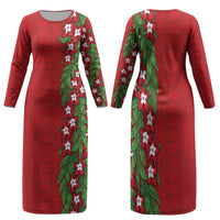 Tonga Language Week Family Matching Long Sleeve Bodycon Dress and Hawaiian Shirt Heilala Floral Red
