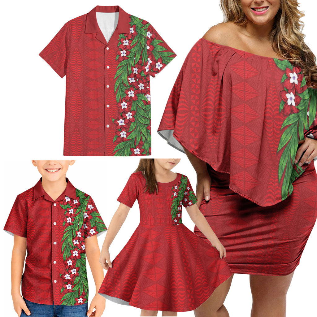 Tonga Language Week Family Matching Off Shoulder Short Dress and Hawaiian Shirt Heilala Floral Red LT05 - Polynesian Pride
